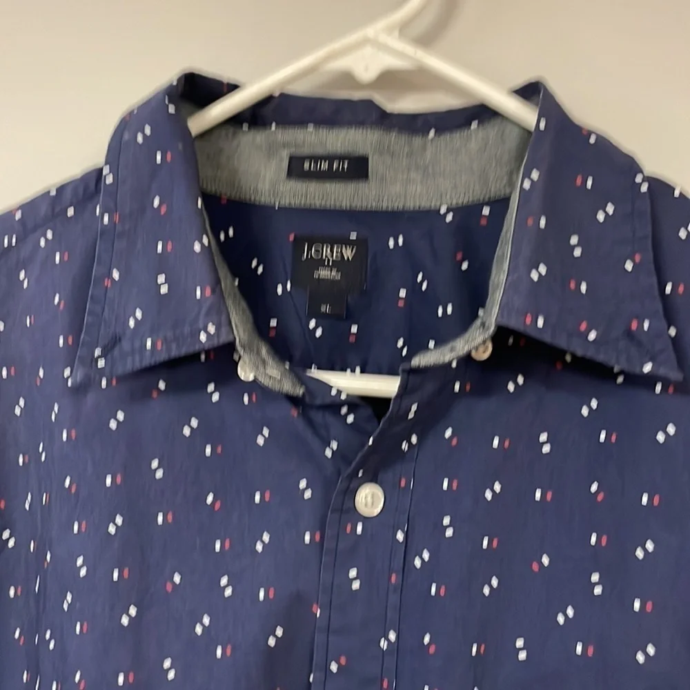 J.Crew Men's Slim Fit Button Down Shirt, XL, Navy with red & white design